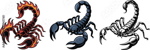 Three stylized scorpions in different artistic styles on a white background