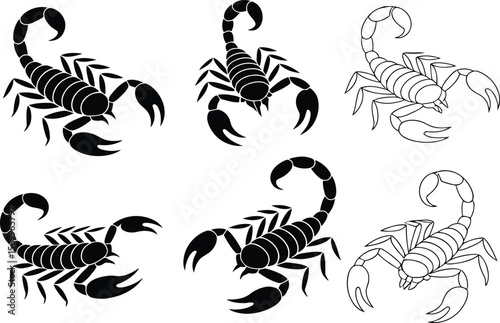 Collection of stylized black and white scorpion illustrations on a white background
