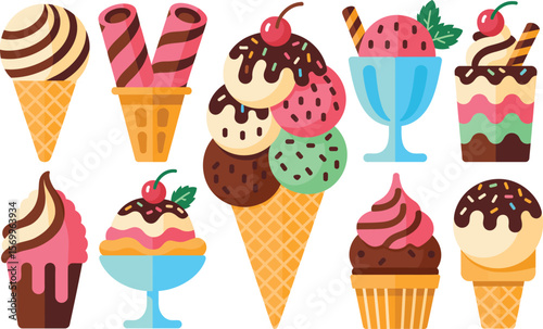 Collection of colorful and delicious ice cream desserts in cones and cups