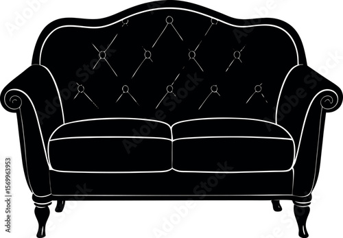 Elegant Tufted Chesterfield Sofa in Classic Black Upholstery with Rolled Arms and Decorative Legs