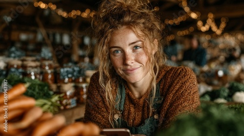 Joven, agricultora y vendedora de un mercado biológico.