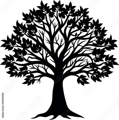 Illustrative Silhouette of a Lush Green Tree with a Spreading Canopy and Detailed Branches