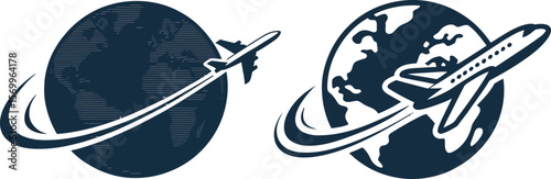 Airplane flying around the globe with a swoosh trail representing travel and connectivity