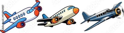 Three stylized airplanes in different designs and colors flying on a white background