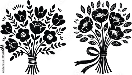 Two stylized black floral bouquets with leaves and ribbon on white background
