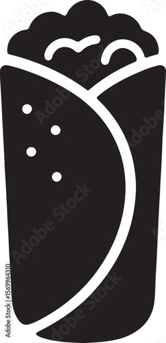 Silhouette icon of a burrito wrap with visible filling, perfect for fast food, snack, or Mexican cuisine design.