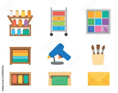 Craft Icons Grid. Flat icon set of hobby and craft organization: thread spool rack, craft drawer cart, bead