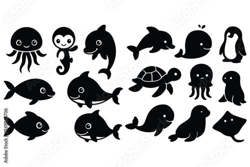 Cute sea creatures and penguins octopus seahorse