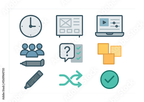 Design Sprint Icons Grid. Flat icon set of design sprint sessions: time clock, wireframe board, rapid