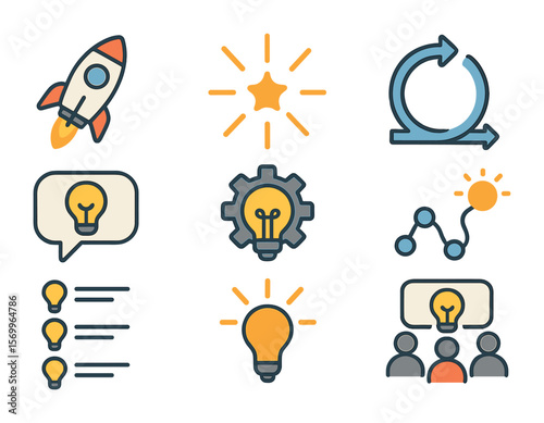 Innovation Tools Icons. Flat icon set of innovation tools and icons: rocket icon, creative spark, iteration