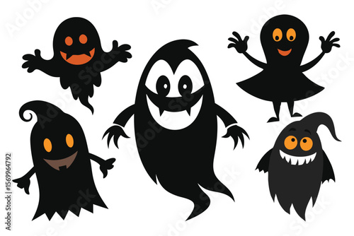 Spooky cartoon ghosts with orange eyes and mouths halloween black