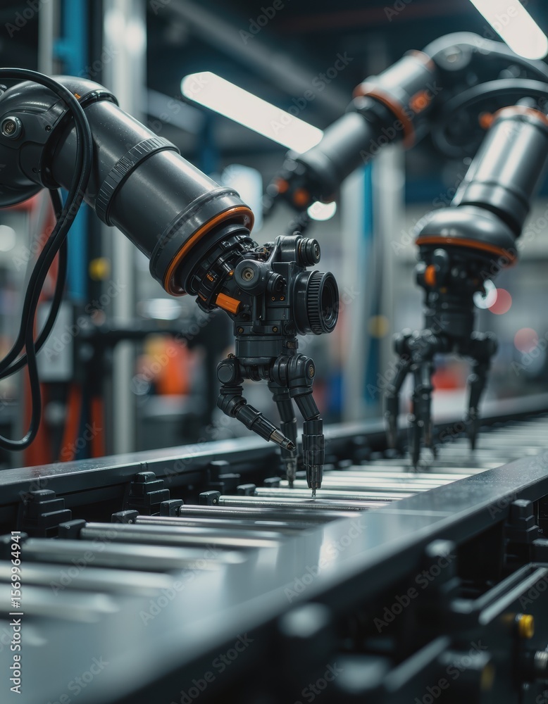 Obraz premium Advanced factory assembly line machinery with robotic arms in action