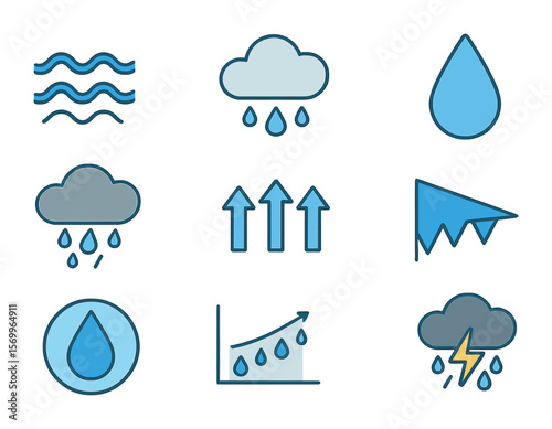 Rain Cycle Icon Set. Flat icon set of rain formation: water vapor, condensation cloud, raindrop, cumulonimbus