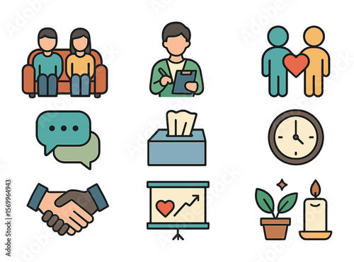 Couples Therapy Icons. Flat icon set of couples therapy sessions: two people on a couch, therapist with