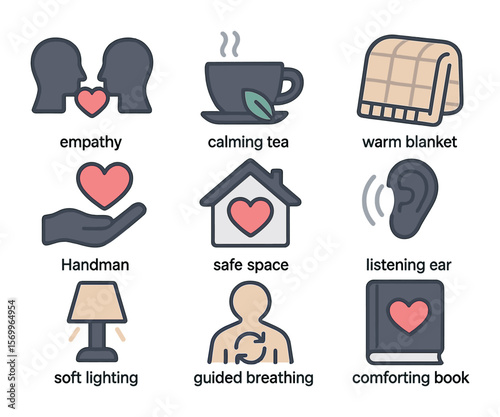 Emotional Support Icons. Flat icon set of emotional support tools: empathy icon, calming tea, warm blanket,
