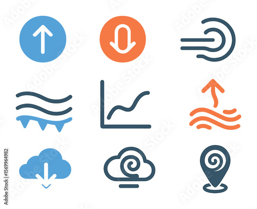 Weather Icon Set. Flat icon set of atmospheric pressure and rain: high pressure symbol, low pressure icon,