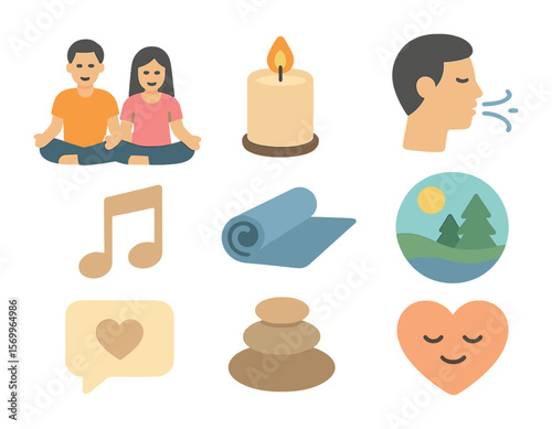 Mindful Meditation Icons. Flat icon set of mindfulness and meditation for couples: two people meditating,