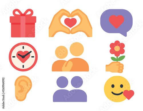 Love Language Icon Set. Flat icon set of love languages symbols: gift box, heart hands, speech bubble, clock