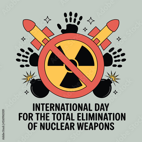 Vector Illustration for the International Day for the Total Elimination of Nuclear Weapons Featuring Missiles, a Prohibition Sign, and Handprints on a Light Gray Backdrop.