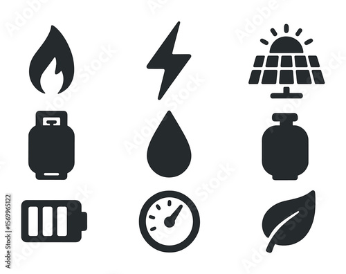 Energy Icon Set. Solid, filled icons set of energy types for burners: gas flame, electric current, induction