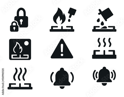Stovetop Safety Icons. Solid, filled icons set of stovetop safety features: child lock, flame sensor, spill