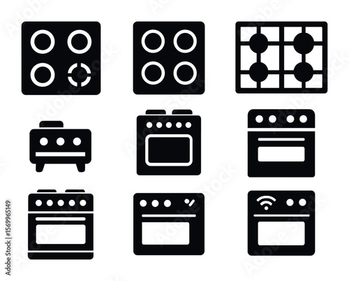 Stovetop Icons Collection. Solid, filled icons set of stovetop design styles: four-burner stove, glass-top