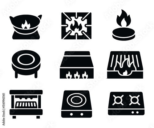 Industrial Kitchen Burner Icons. Solid, filled icons set of burner types in industrial kitchens: wok burner,