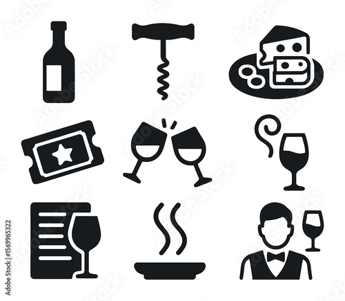 Cheese and Wine Icons. Solid, filled icons set of cheese and wine event: wine bottle, corkscrew, cheese