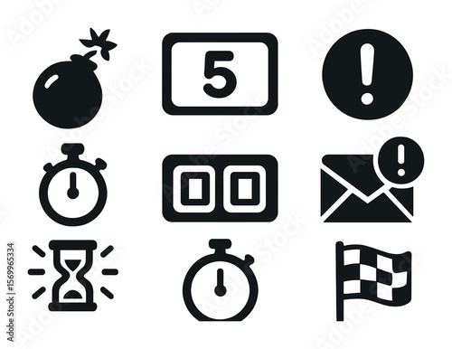 Countdown Icon Set. Solid, filled icons set of countdown elements: ticking bomb, countdown screen, final
