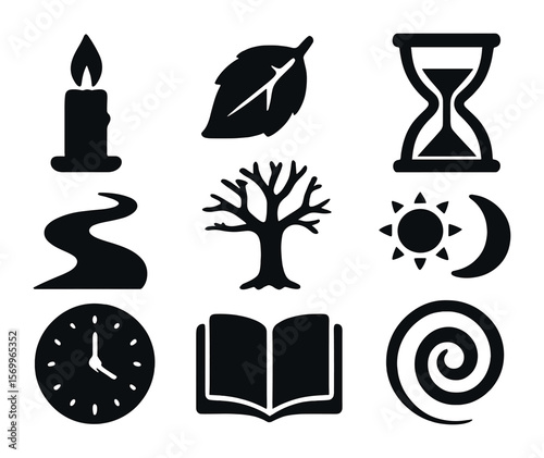 Life and Time Icons. Solid, filled icons set of life and time metaphors: burning candle, falling leaf,