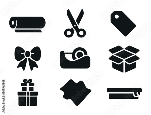 Gift Wrap Icons. Solid, filled icons set of gift wrapping station: wrapping paper roll, scissors, gift tag,