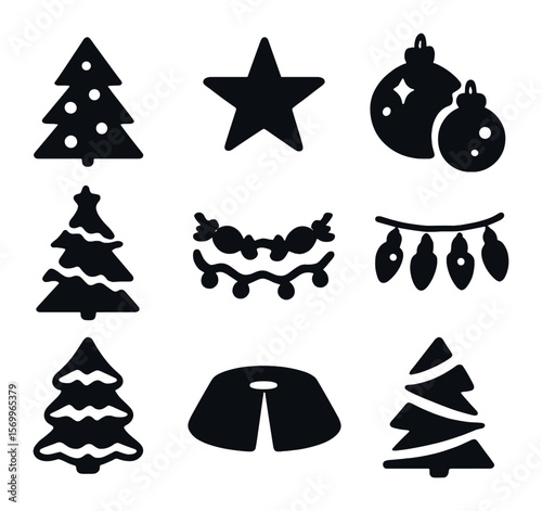 Holiday Icon Grid. Solid, filled icons set of Christmas trees and decor: decorated tree, star topper, shiny
