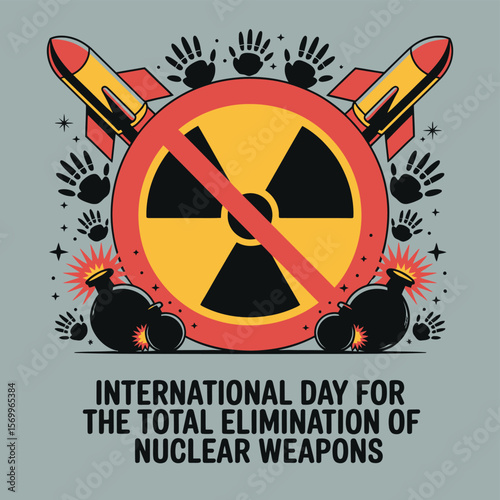 Vector Illustration for International Day for the Total Elimination of Nuclear Weapons Featuring a Radiation Symbol with a Red Cross Out and Two Missiles.