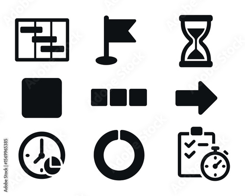 Project Timeline Icons. Solid, filled icons set of project timelines: Gantt chart, milestone flag, hourglass