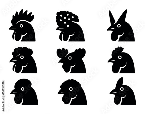 Chicken Comb Icons. Solid, filled icons set of comb types in chickens: single comb, rose comb, pea comb,