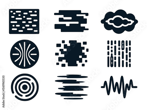 Sci-Fi Icon Grid. Solid, filled icons set of sci-fi screen interference: static noise, signal scramble, energy