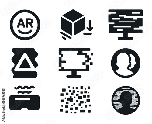 Augmented Reality Icons. Solid, filled icons set of augmented reality distortion: AR lens blur, object