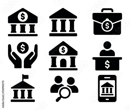 Financial Icons Grid. Solid, filled icons set of financial institutions: central bank building, private bank,