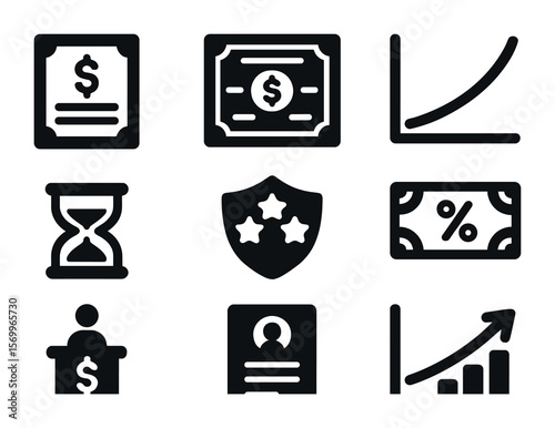 Finance Icon Set. Solid, filled icons set of bond and treasury instruments: treasury note, bond certificate,