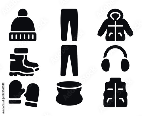 Winter Clothing Icons. Solid, filled icons set of winter kids clothing: knit beanie, thermal pants, down coat,