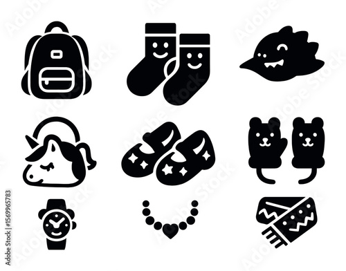 Playful Kids Accessories Icons. Solid, filled icons set of playful accessories for children: cartoon backpack,