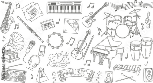 Music instruments vector illustration musical equipment design drawing art
