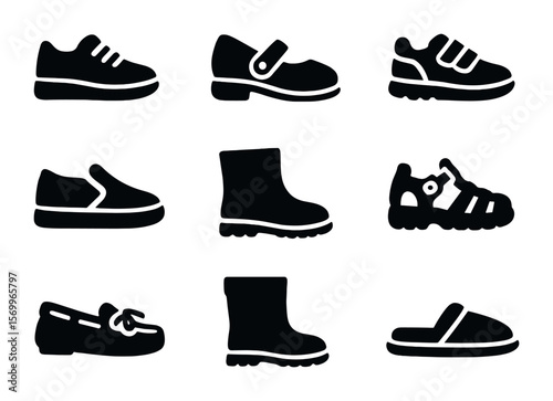 Children's Footwear Icons. Solid, filled icons set of children’s footwear styles: sneakers, Mary Janes, Velcro
