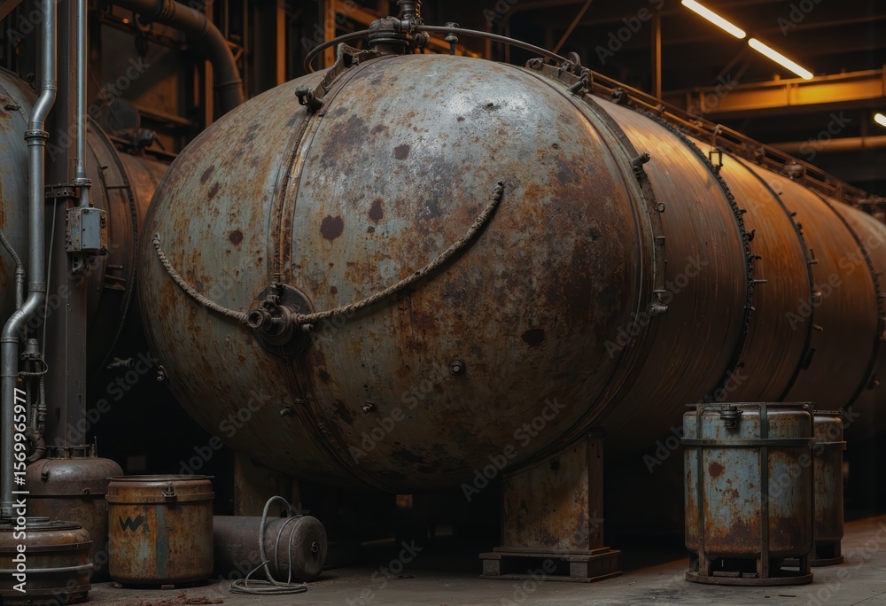 Industrial chemical processing tanks in a rustic facility setting Industrial chemical processing tanks in a rustic facility setting
