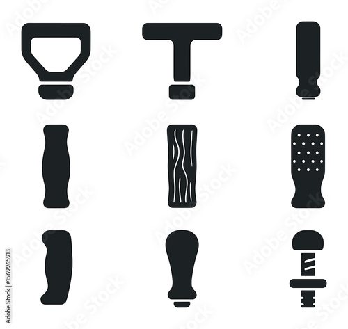 Hand Tool Grips Icons. Solid, filled icons set of hand tool grips: D-handle, T-grip, straight handle, soft
