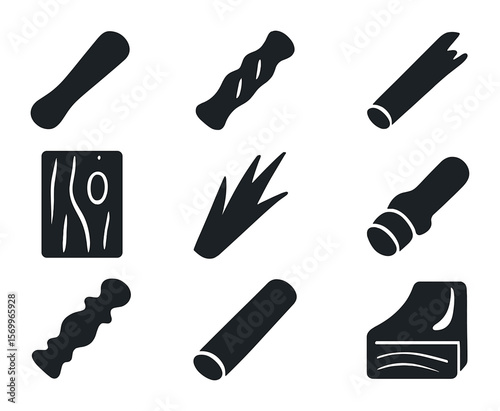 Wooden Tool Icons. Solid, filled icons set of wooden tool components: smooth handle, carved grip, broken shaft