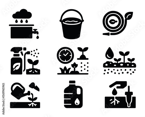 Eco-Friendly Watering Icons. Solid, filled icons set of eco-friendly watering: rainwater collector, greywater