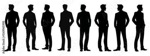 Silhouette Collection of Standing Men with Hands in Pockets, Side View, Solid Black Vector Illustrations in Minimal Style on White Background