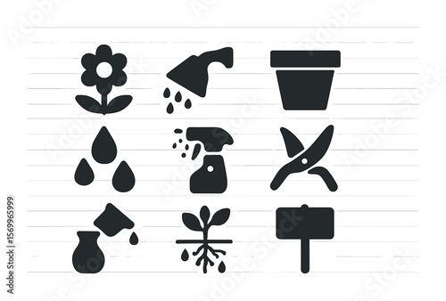 Flower Care Icons. Solid, filled icons set of flower care: blooming flower, watering spout, flower pot, water
