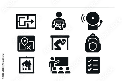 Safety Icons Set. Solid, filled icons set of safety drills and education: evacuation plan, safety instructions